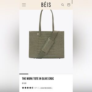 NWOT Beis Work Tote in Olive Croc